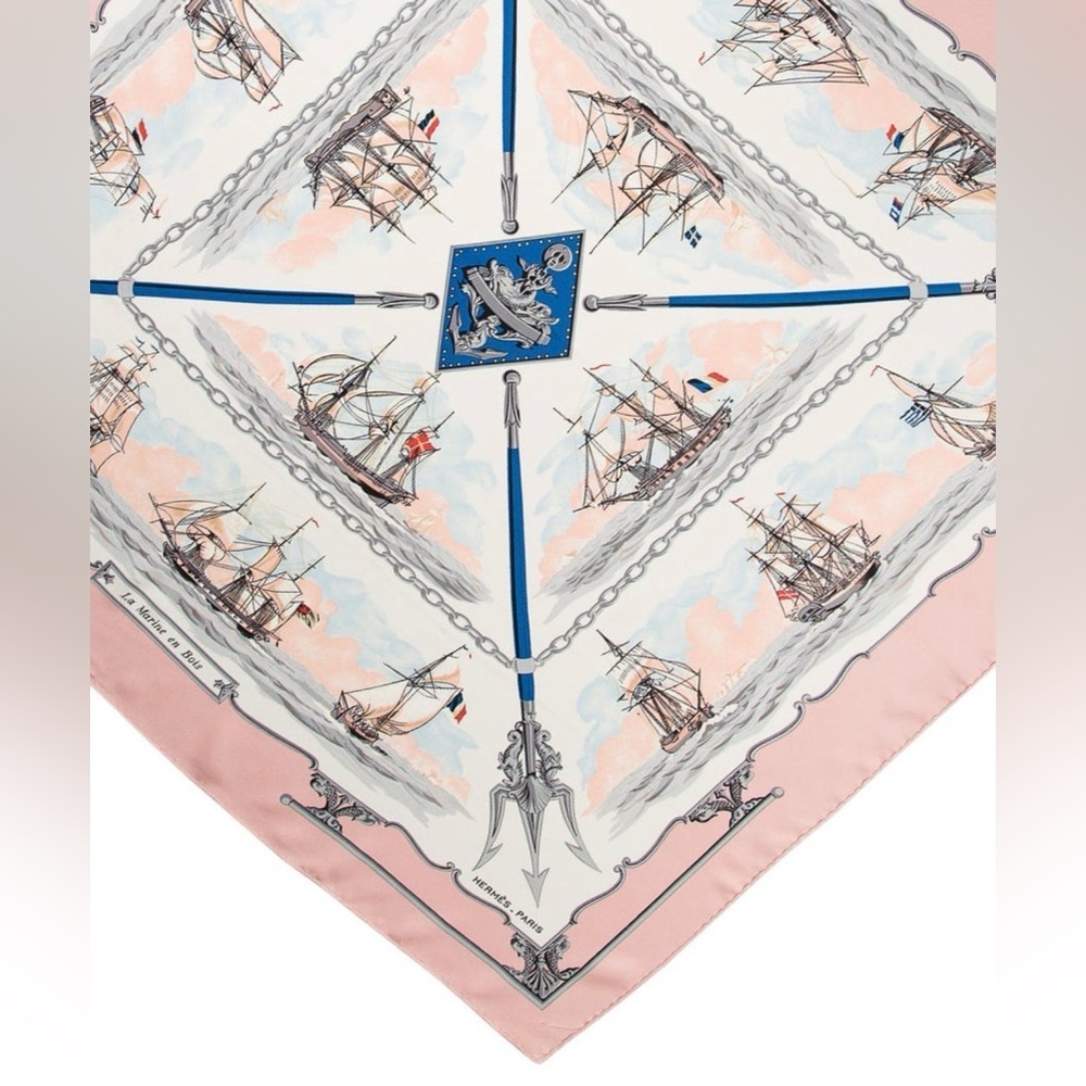 HERMES Never Worn Vintage “The Wooden Marine” Pink Carre 90 Silk Twill Scarf - Picture 2 of 16